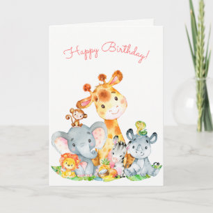 Vattenfärgad Cute Safari Jungle Animals födelsedag Kort