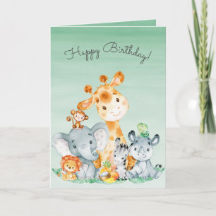Vattenfärgad Cute Safari Jungle Animals födelsedag Kort