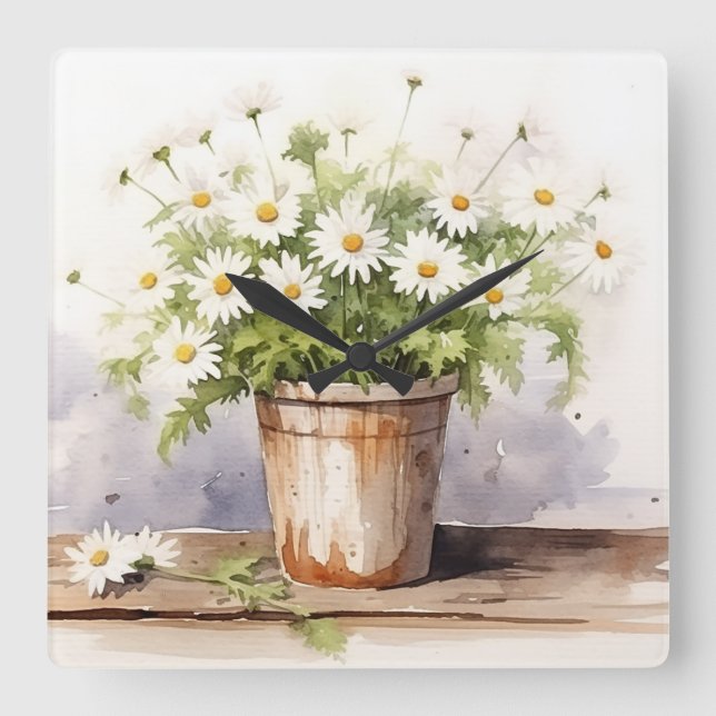 Vattenfärgad Daisy Bouquet in Pot Fyrkantig Klocka (Framsida)