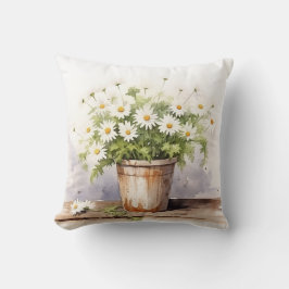 Vattenfärgad Daisy Bouquet in Pot Kudde