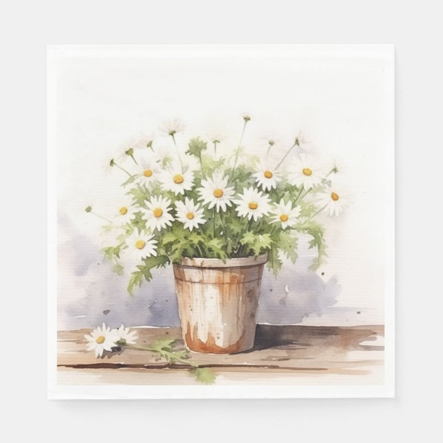 Vattenfärgad Daisy Bouquet in Pot Pappersservett (Framsidan)