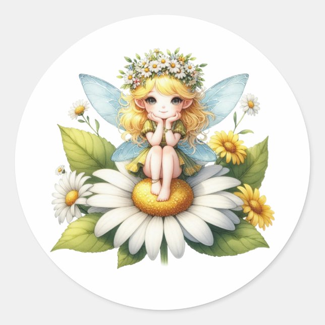 Vattenfärgad Daisy Fairy Runt Klistermärke (Framsida)