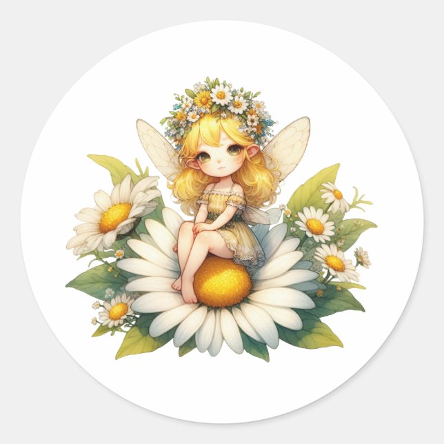 Vattenfärgad Daisy Fairy Runt Klistermärke (Framsida)
