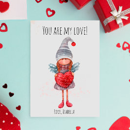 Vattenfärgad Dam Gnome med Red Heart Pun Valentine Julkort