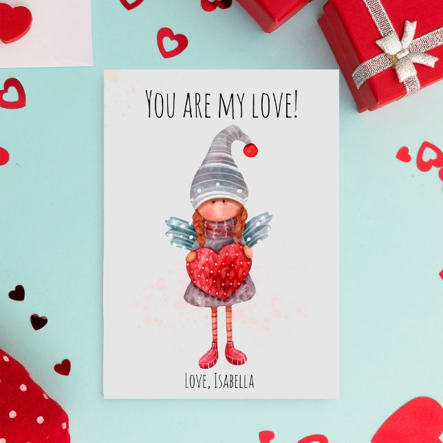 Vattenfärgad Dam Gnome med Red Heart Pun Valentine Julkort (Skapare uppladdad)