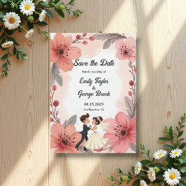 Vattenfärgad damm, Blommigt och groom Bröllop Spara Datumet