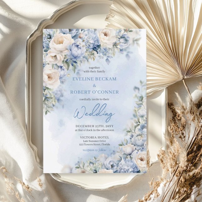 Vattenfärgad dammig blå och vit ponnyer bröllop inbjudningar (Watercolor dusty blue and white peonies wedding invitation)