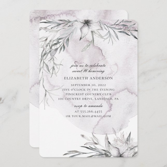 Vattenfärgad dammig blommigt Söt 16. Blek blommor Inbjudningar (Fram/baksida)