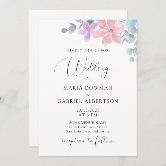 Vattenfärgad, delikat pastel, botanisk Blommigt br Inbjudningar (Fram/baksida)