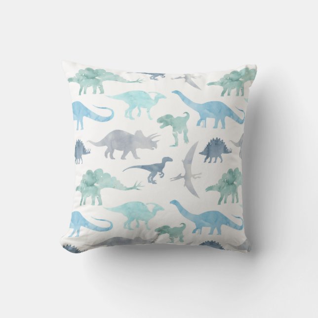 Vattenfärgad Dinosaur Blue-Grönt Kudde (Framsida)