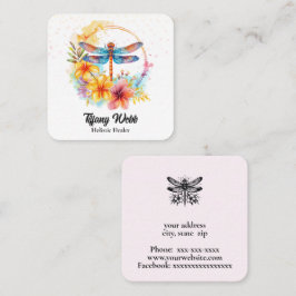 Vattenfärgad dragonfly och blommor fyrkantigt visitkort