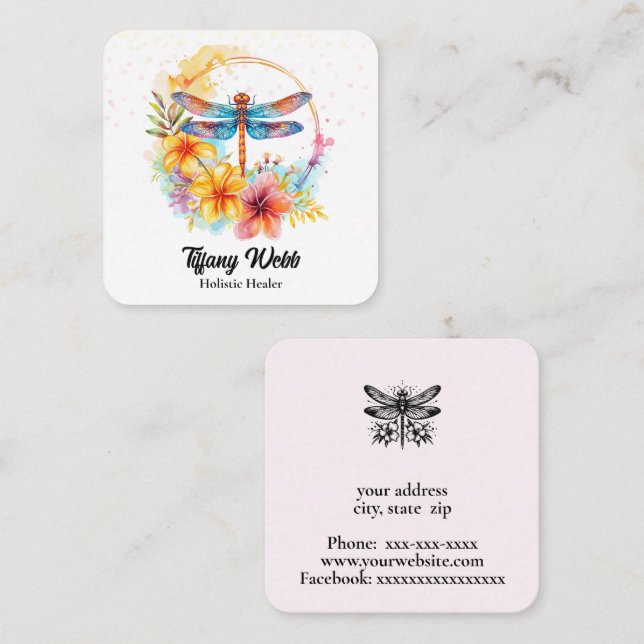Vattenfärgad dragonfly och blommor fyrkantigt visitkort (Fram/baksida)