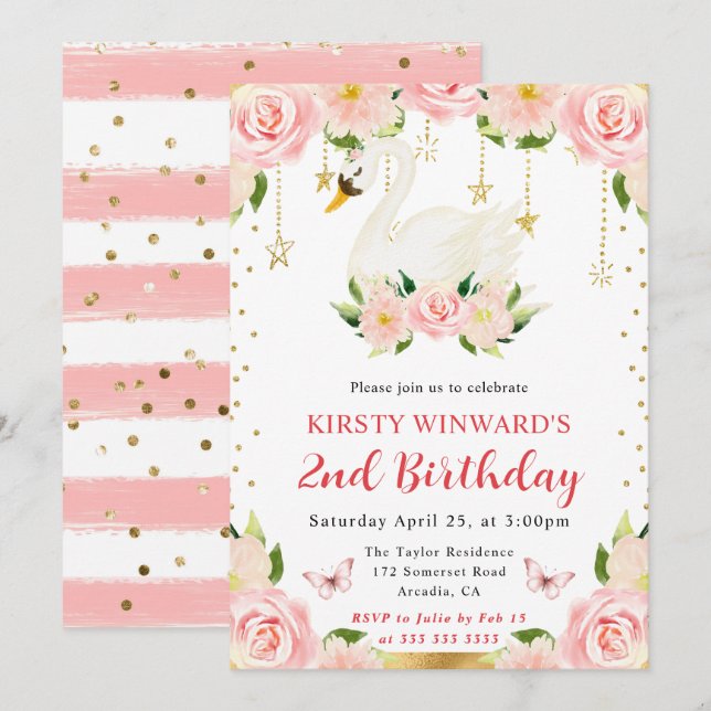 Vattenfärgad Elegant Blommigt Svan födelsedag Inbjudningar (Fram/baksida)