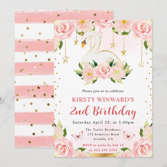 Vattenfärgad Elegant Blommigt Svan födelsedag Inbjudningar (Fram/baksida)