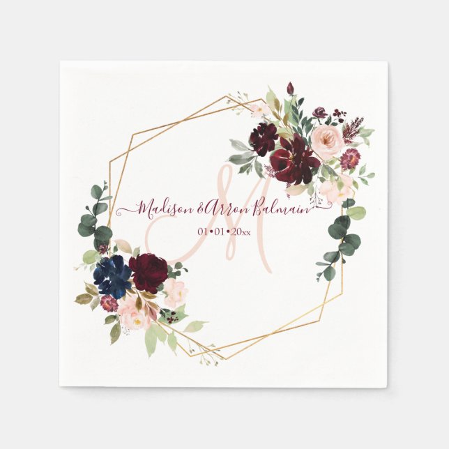 Vattenfärgad Elegant Bloom  Burgundy Monogram Pappersservett (Framsidan)