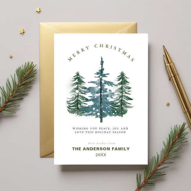 Vattenfärgad Elegant Forest Gräs Träd jul Julkort (Watercolor Elegant Forest Pine Tree Christmas Holiday Card)