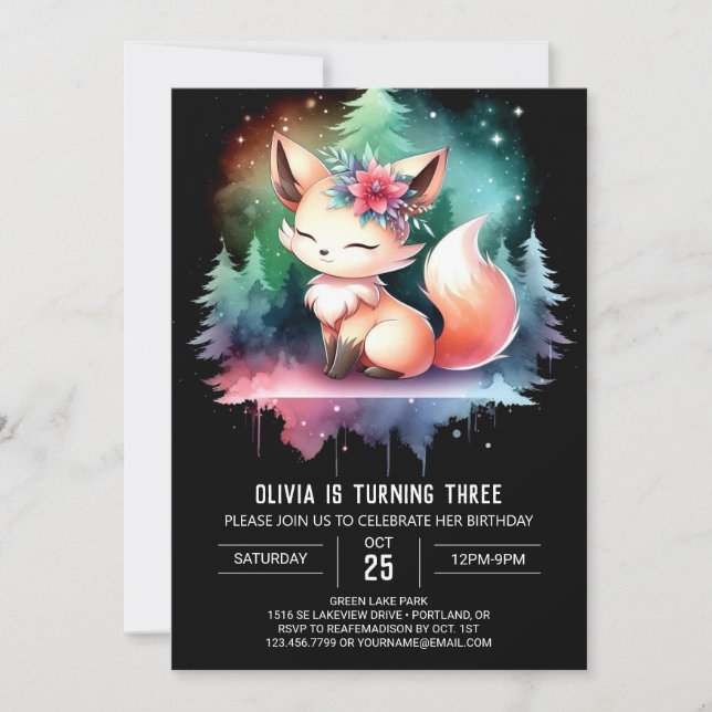 Vattenfärgad Elegant Fox Birthday digital Inbjudningar (Framsida)