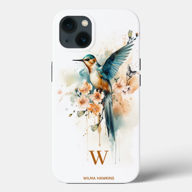 Vattenfärgad Elegant Hummingbird Monogram med Namn (Baksida)