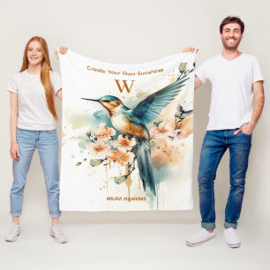 Vattenfärgad Elegant Hummingbird Monogram med Namn Fleecefilt