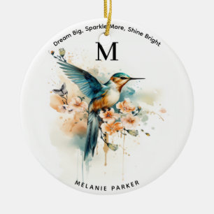 Vattenfärgad Elegant Hummingbird Monogram med Namn Julgransprydnad Keramik