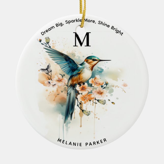 Vattenfärgad Elegant Hummingbird Monogram med Namn Julgransprydnad Keramik (Framsidan)