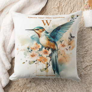 Vattenfärgad Elegant Hummingbird Monogram med Namn Kudde