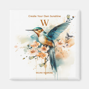 Vattenfärgad Elegant Hummingbird Monogram med Namn Magnet