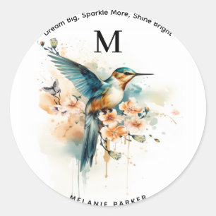 Vattenfärgad Elegant Hummingbird Monogram med Namn Runt Klistermärke