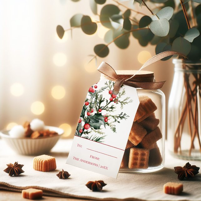 Vattenfärgad Elegant Mistletoe jul Gift-Märkre Presentetikett (Watercolor Elegant Mistletoe Christmas Gift Tag on a Christmas jar filled with sweets.)