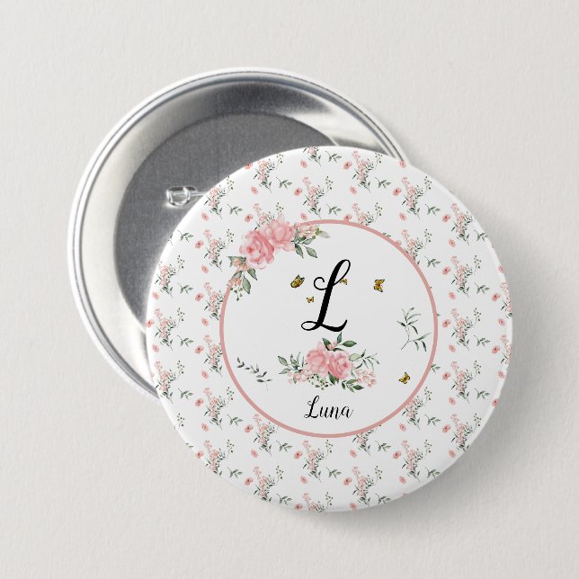 Vattenfärgad Elegant Rosa ros med Butterflies Knapp (Framsida & baksida)