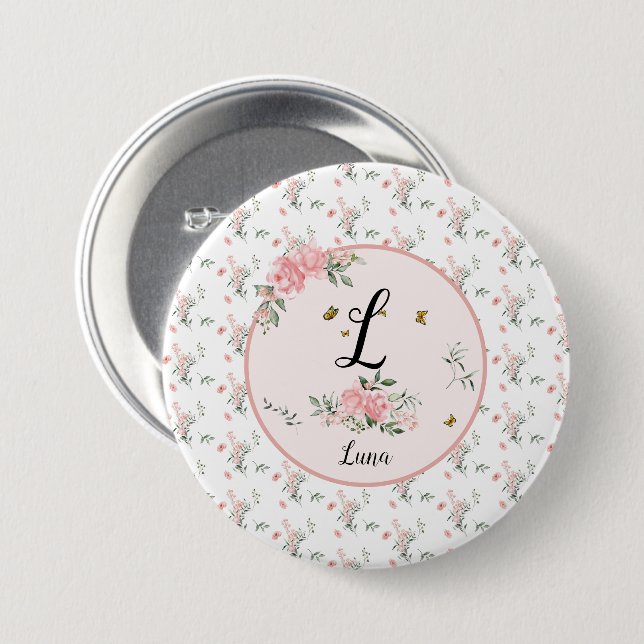 Vattenfärgad Elegant Rosa ros med Butterflies Knapp (Framsida & baksida)