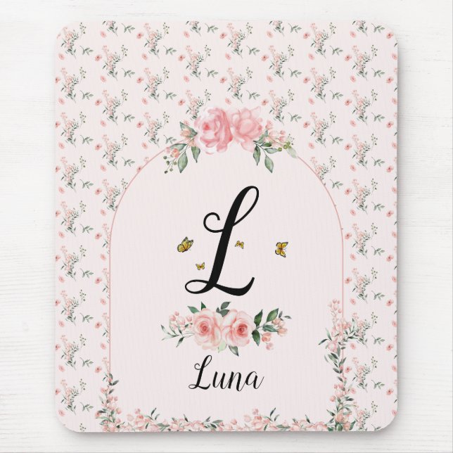 Vattenfärgad Elegant Rosa ros med Butterflies Musmatta (Framsidan)