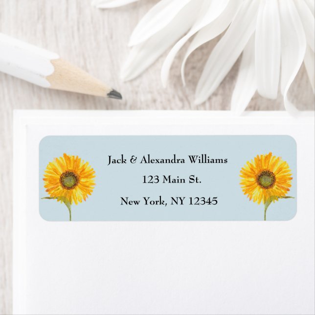 Vattenfärgad Elegant Solros Boho Dusty Blue Returadress Etikett (Insitu)