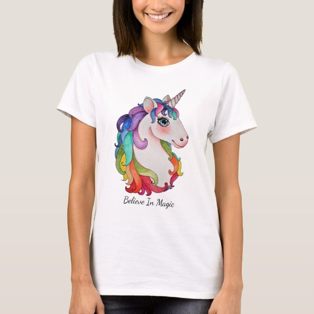 Vattenfärgad enhörning med regnbåge t shirt (Framsida)