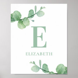Vattenfärgad eucalyptus baby monogram. Grönt Poster