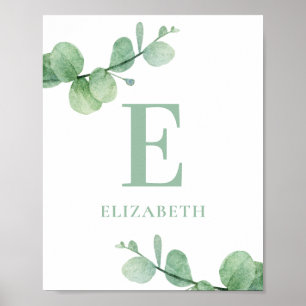 Vattenfärgad eucalyptus baby monogram. Grönt Poster