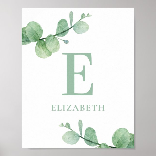 Vattenfärgad eucalyptus baby monogram. Grönt Poster (Framsidan)