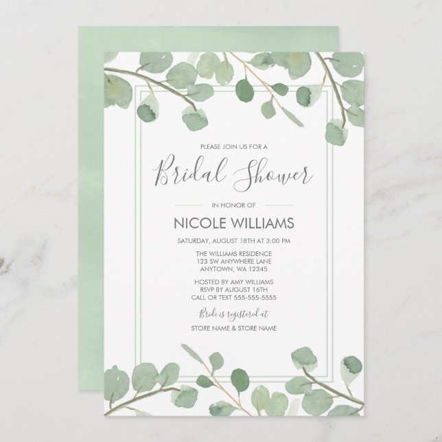 Vattenfärgad Eucalyptus-Möhippa Inbjudningar (Fram/baksida)