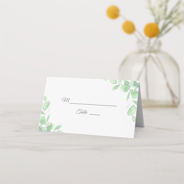 Vattenfärgad eukalyptus löv. Woodland bröllop Placeringskort (Framsida)