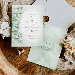 Vattenfärgad eukalyptus Monogram Sage Grönt Bröllo Inbjudningar