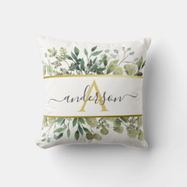 Vattenfärgad eukalyptus och Greenery | Monogram Kudde