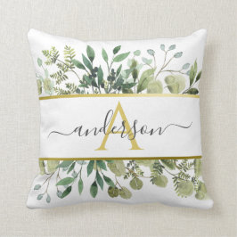 Vattenfärgad eukalyptus och Greenery | Monogram Kudde