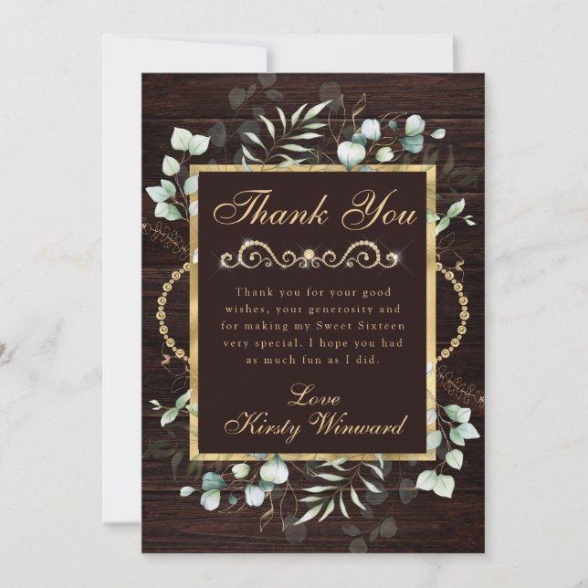 Vattenfärgad eukalyptus och Greenery Sweet 16 Tack Kort (Framsida)