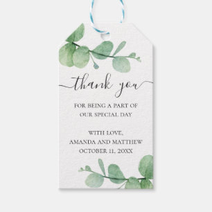 Vattenfärgad eukalyptus. Tack för elegant bröllop Presentetikett