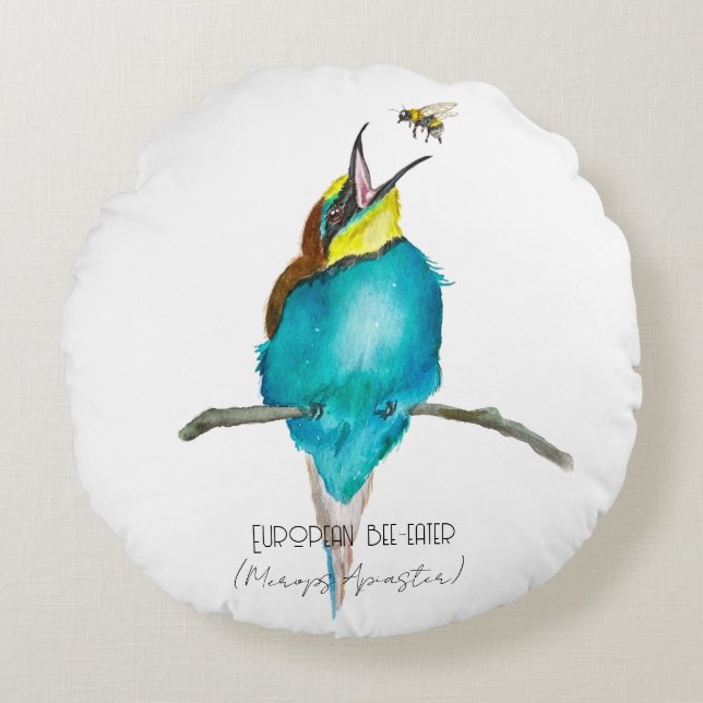 Vattenfärgad fågel (europeisk biätare) rund kudde (Framsidan)