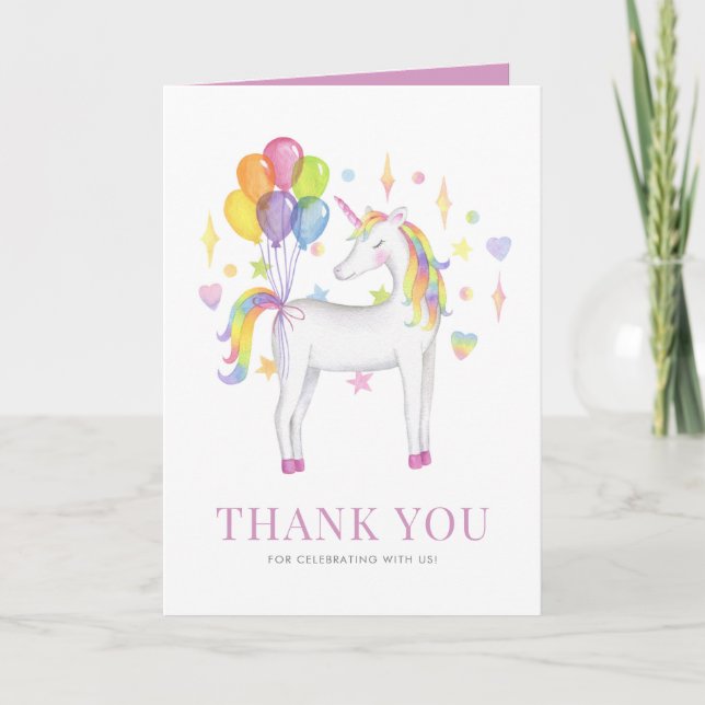 Vattenfärgad färgstark regnbåge Unicorn med ballon Tack Kort (Framsida)