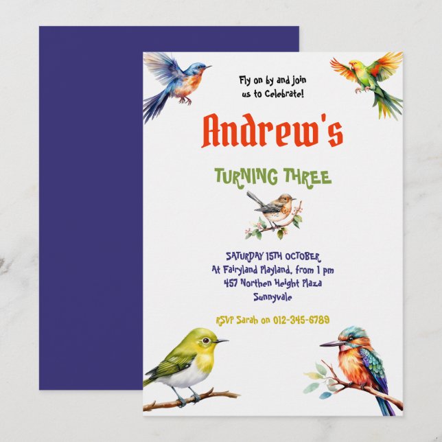 Vattenfärgad Födelsedagsfest av färgfåglar Inbjudningar (Fram/baksida)
