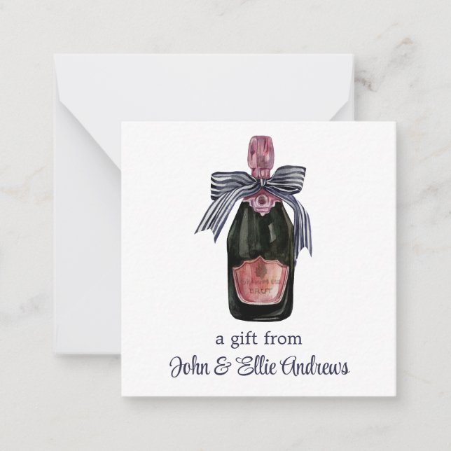 Vattenfärgad Fransk Champagne med Stripe Bow Gift Anteckningskort (Framsida)
