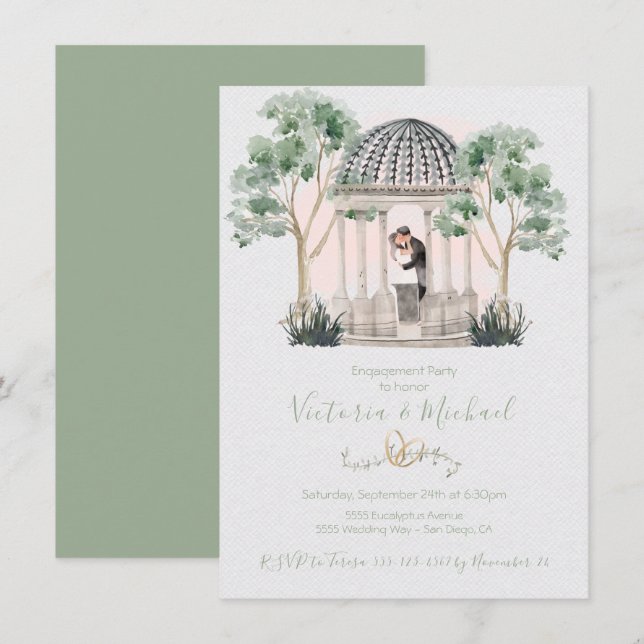 Vattenfärgad gazebo med brid och groom eucalyptus inbjudningar (Fram/baksida)