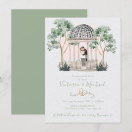 Vattenfärgad gazebo med brid och groom eucalyptus inbjudningar